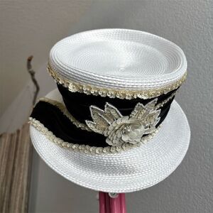 Victorian Style Black Woven Straw Top Hat Lace & Pearl Unisex 6 1/2